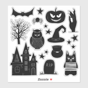 Zwart-witte pompoen, heks, uil. Halloween Sticker