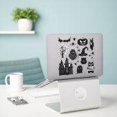 Zwart-witte pompoen, heks, uil. Halloween Sticker (Laptop op bureau)
