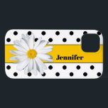 Zwart-witte pooldots, Daisy iPhone-tas Case-Mate iPhone Case<br><div class="desc">Dit moderne en trendy zwart-witte pokkenpatroon iPhone 13 hoesje heeft een felgele band en een grote Shasta Daisy-bloem, samen met sjabloon tekst die je kunt personaliseren met je monogram, initialen, naam of andere tekst. Ideaal voor de leuke jonge vrouw met massa. Als je hulp nodig hebt, stuur dan een e-mail...</div>