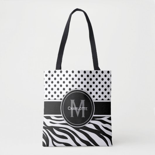 Zwart-witte pooldots en dierlijke afdrukken tote bag (Voorkant)
