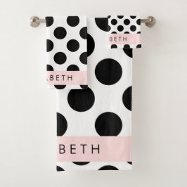 Zwart-witte pooldots, gedopt, Jouw naam Bad Handdoek
