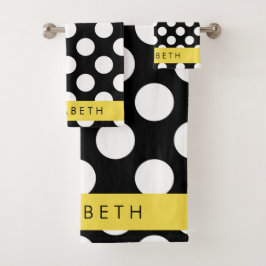Zwart-witte pooldots, gedopt, Jouw naam Bad Handdoek