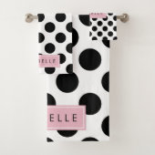 Zwart-witte pooldots, gedopt, Jouw naam Bad Handdoek (Insitu)