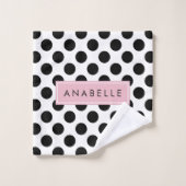Zwart-witte pooldots, gedopt, Jouw naam Bad Handdoek (Wasdoekje)