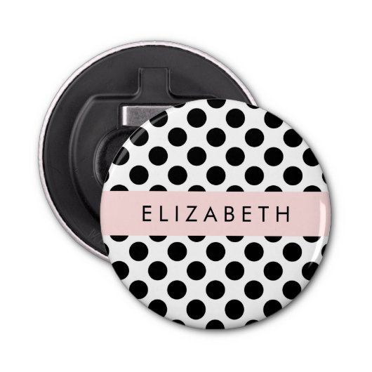 Zwart-witte pooldots, gedopt, Jouw naam Button Flesopener (Voorkant)