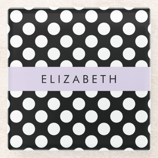 Zwart-witte pooldots, gedopt, Jouw naam Glazen Onderzetter (Voorkant)
