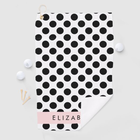 Zwart-witte pooldots, gedopt, Jouw naam Golfhanddoek (Insitu)