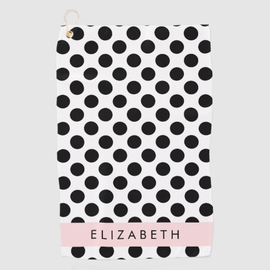 Zwart-witte pooldots, gedopt, Jouw naam Golfhanddoek (Voorkant)