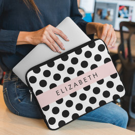 Zwart-witte pooldots, gedopt, Jouw naam Laptop Sleeve