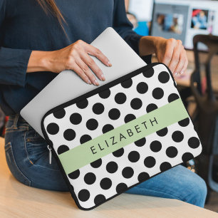Zwart-witte pooldots, gedopt, Jouw naam Laptop Sleeve