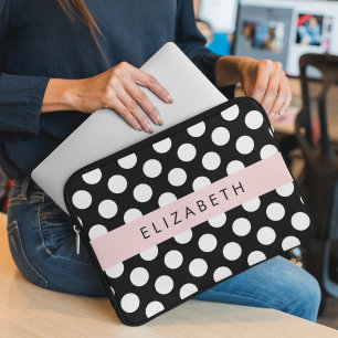 Zwart-witte pooldots, gedopt, Jouw naam Laptop Sleeve