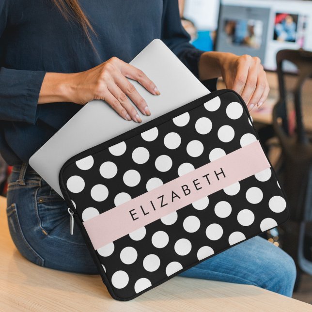 Zwart-witte pooldots, gedopt, Jouw naam Laptop Sleeve (Creator heeft geüpload)