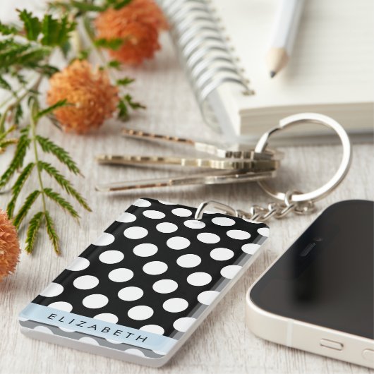 Zwart-witte pooldots, gedopt, Jouw naam Sleutelhanger (Voorkant Rechts)