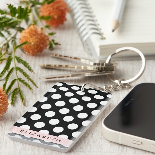 Zwart-witte pooldots, gedopt, Jouw naam Sleutelhanger (Voorkant Rechts)