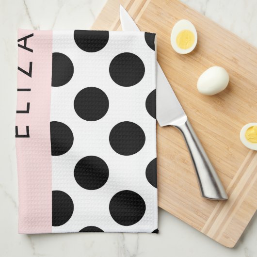 Zwart-witte pooldots, gedopt, Jouw naam Theedoek (Quarter Fold)