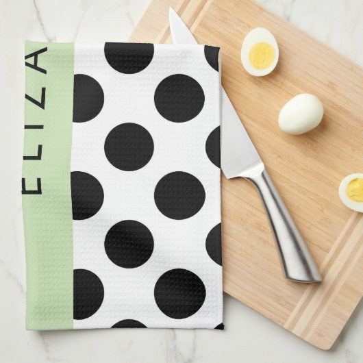 Zwart-witte pooldots, gedopt, Jouw naam Theedoek (Quarter Fold)