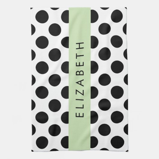 Zwart-witte pooldots, gedopt, Jouw naam Theedoek (Verticaal)