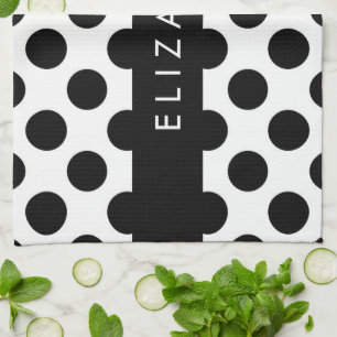 Zwart-witte pooldots, gedopt, Jouw naam Theedoek