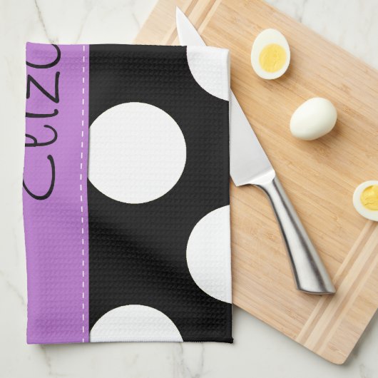 Zwart-witte pooldots, gedopt, Jouw naam Theedoek (Quarter Fold)