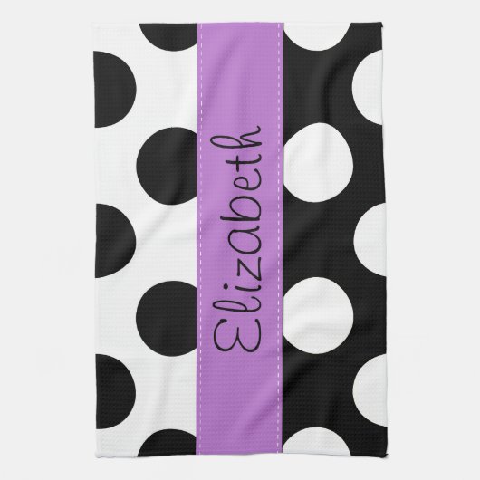 Zwart-witte pooldots, gedopt, Jouw naam Theedoek (Verticaal)