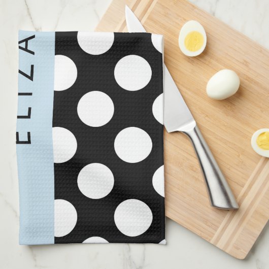 Zwart-witte pooldots, gedopt, Jouw naam Theedoek (Quarter Fold)