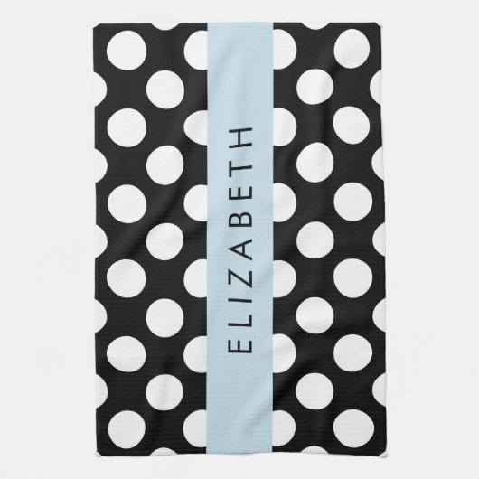 Zwart-witte pooldots, gedopt, Jouw naam Theedoek (Verticaal)