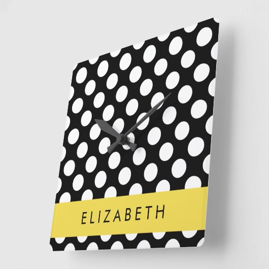 Zwart-witte pooldots, gedopt, Jouw naam Vierkante Klok (Hoek)