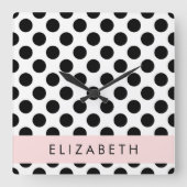Zwart-witte pooldots, gedopt, Jouw naam Vierkante Klok (Voorkant)