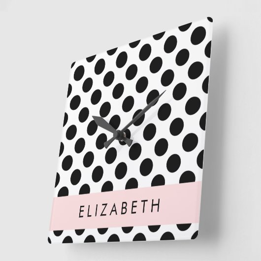 Zwart-witte pooldots, gedopt, Jouw naam Vierkante Klok (Hoek)
