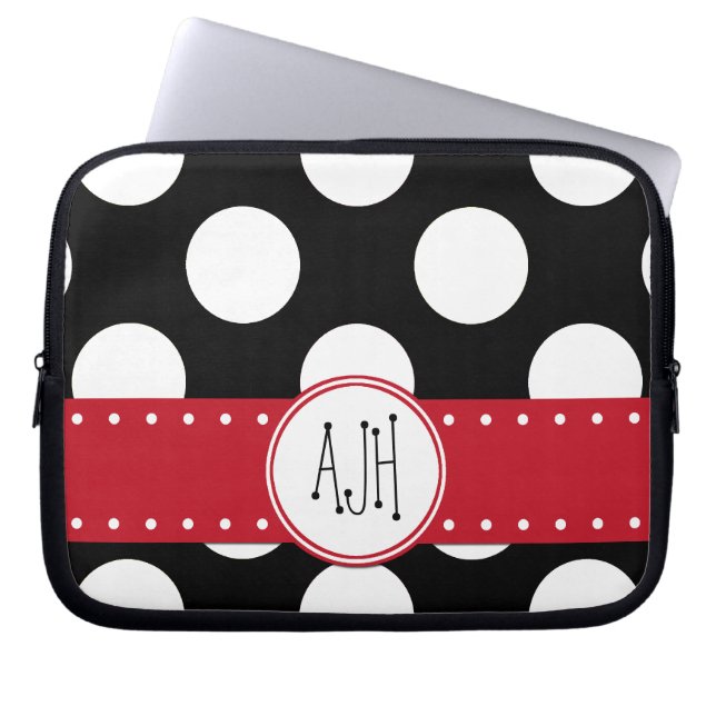 Zwart-witte pooldots, gedopt, monogram laptop sleeve (Voorkant)