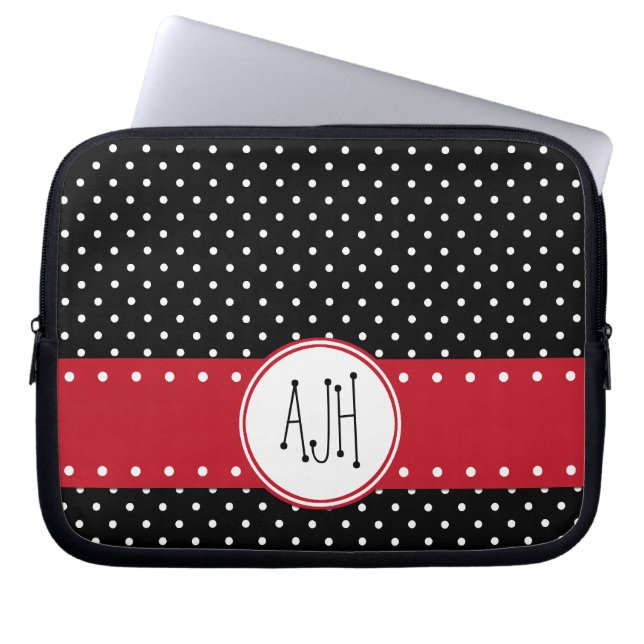 Zwart-witte pooldots, gedopt, monogram laptop sleeve (Voorkant)