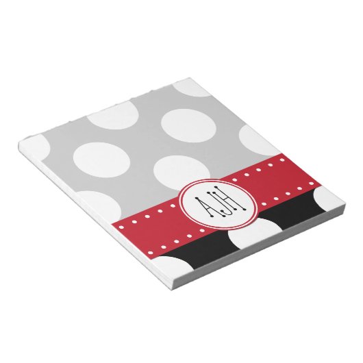 Zwart-witte pooldots, gedopt, monogram notitieblok (Schuin)