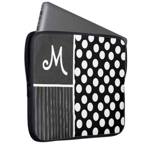 Zwart-witte pooldots laptop sleeve (Voorkant Rechts)