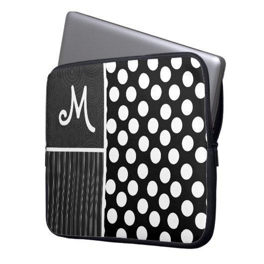 Zwart-witte pooldots laptop sleeve (Voorkant Links)
