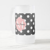 Zwart-witte pooldots met roze monogram matglas bierpul (Voorkant links)