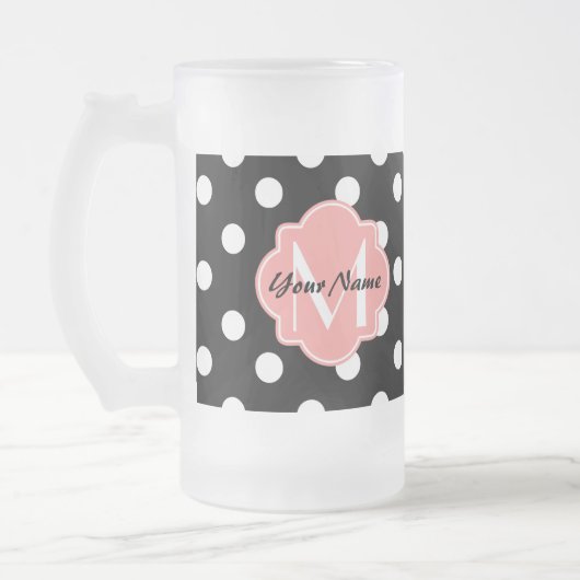 Zwart-witte pooldots met roze monogram matglas bierpul (Links)