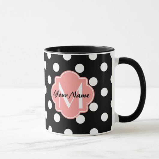 Zwart-witte pooldots met roze monogram mok (Rechts)