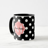 Zwart-witte pooldots met roze monogram mok (Voorkant links)