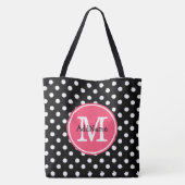 Zwart-witte pooldots met roze monogram tote bag (Achterkant)