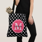 Zwart-witte pooldots met roze monogram tote bag (Dichtbij)