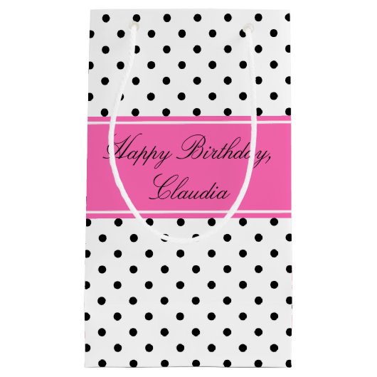 Zwart-witte pooldots met warmroze verjaardag klein cadeauzakje (Voorkant)