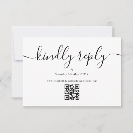 Zwart Witte QR Code Script Bruiloft Hoogachtend An RSVP Kaartje (Voorkant)