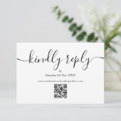 Zwart Witte QR Code Script Bruiloft Hoogachtend An RSVP Kaartje (Staand voorkant)