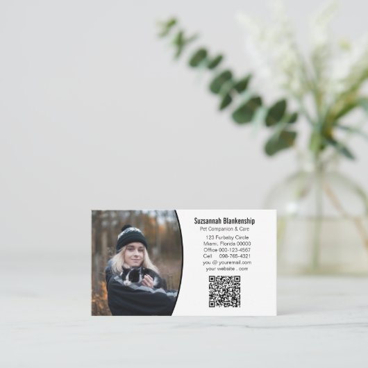 Zwart-witte QR-code voor gezelschapsdieren Foto Visitekaartje (Staand voorkant)