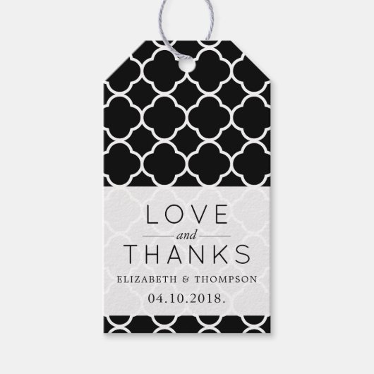 Zwart-witte quatrefolie, lattewerk, bruiloft cadeaulabel (Voorkant)