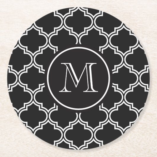 Zwart-witte quatrefolie ronde kartonnen onderzetter (Voorkant)