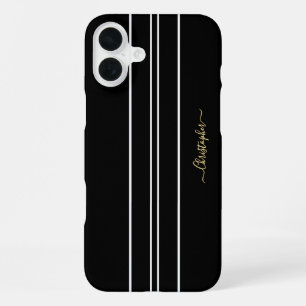 Zwart Witte Racing Strepen Chic Goud Monogram iPhone 16 Plus Hoesje