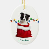 Zwart-witte rand Collie Pup in feestdag Gift Bag Keramisch Ornament (Achterkant)