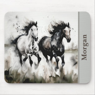 Zwart-witte rennende paarden muismat