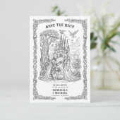 Zwart Witte Ridder Bruid Kasteel Gotische Bruiloft Save The Date (Staand voorkant)